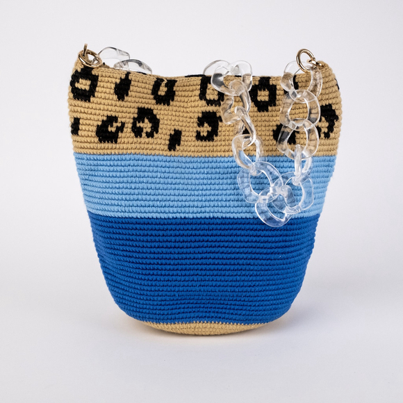 SORAYA HENNESSY Blue Beige Leopard Midi Bucket Bag Women's $250 Retail - Picture 3 of 10